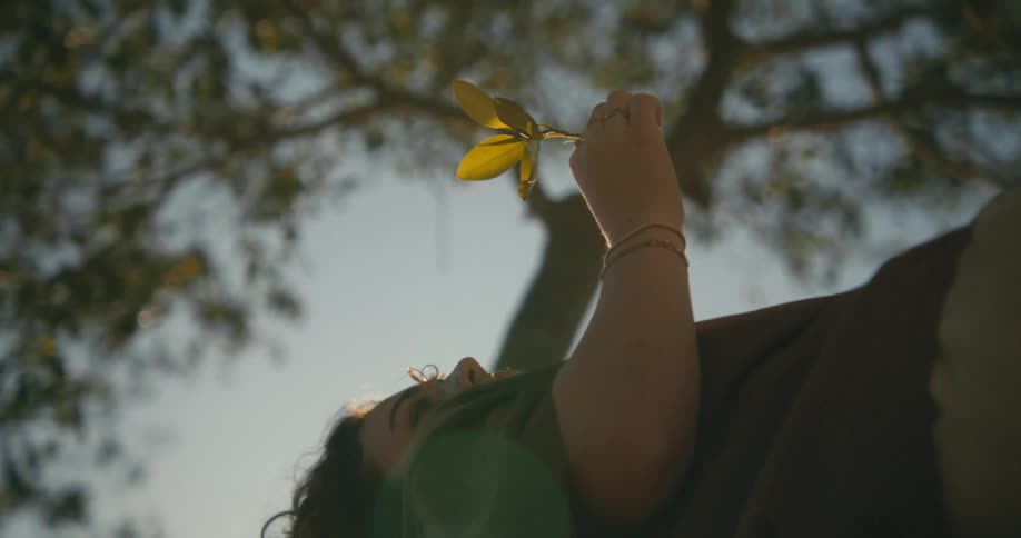 A woman looks at a twig as she twirls it in her hand while resting on her back outdoors during the day