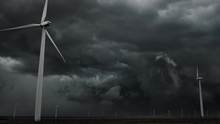 Wind turbines spin on a wind farm under a dark stormy sky