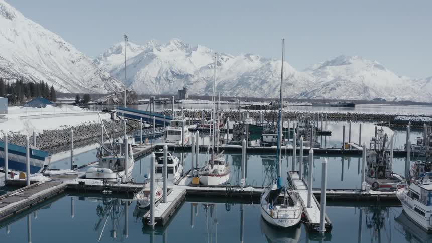 Boats docked at a marina in a snowy countryside during the day