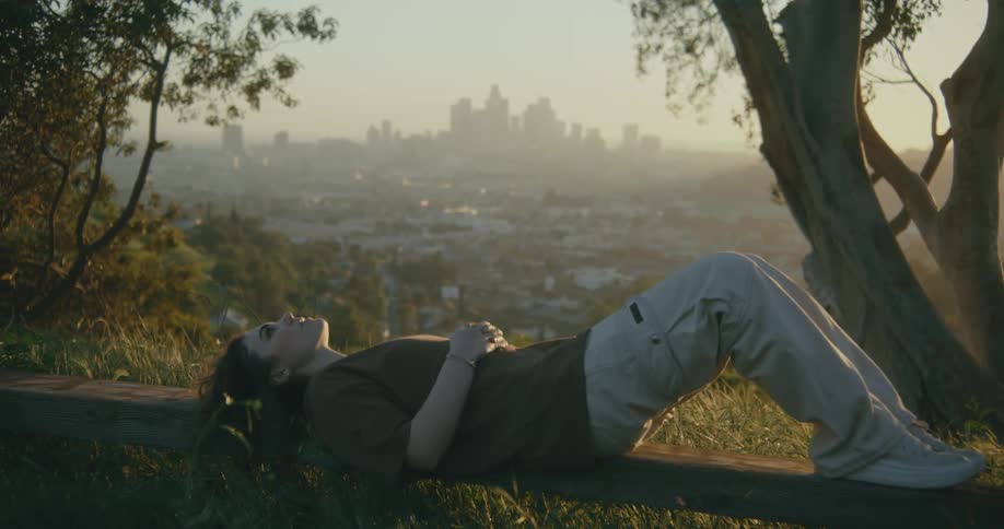 A person lays on a fence railing in a rural area with a city fog in the background