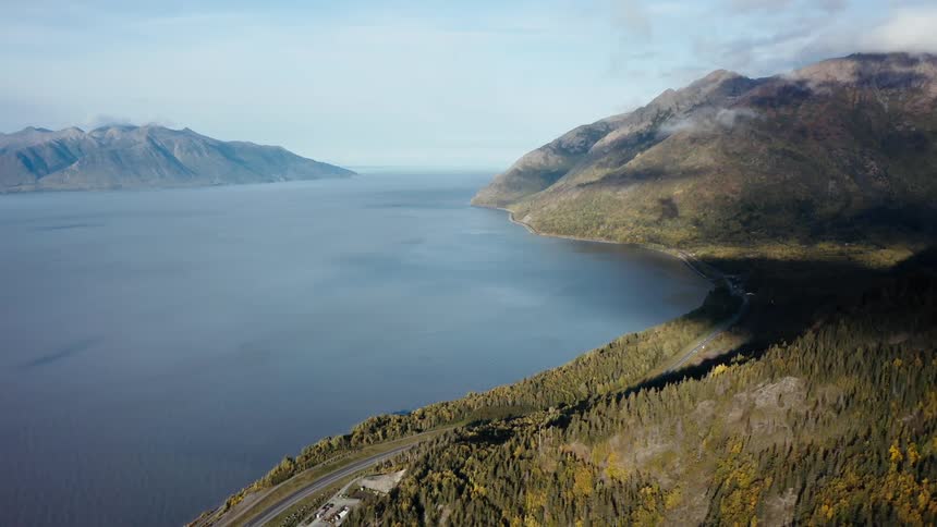 A large lake surrounded by mountain and forest during the day