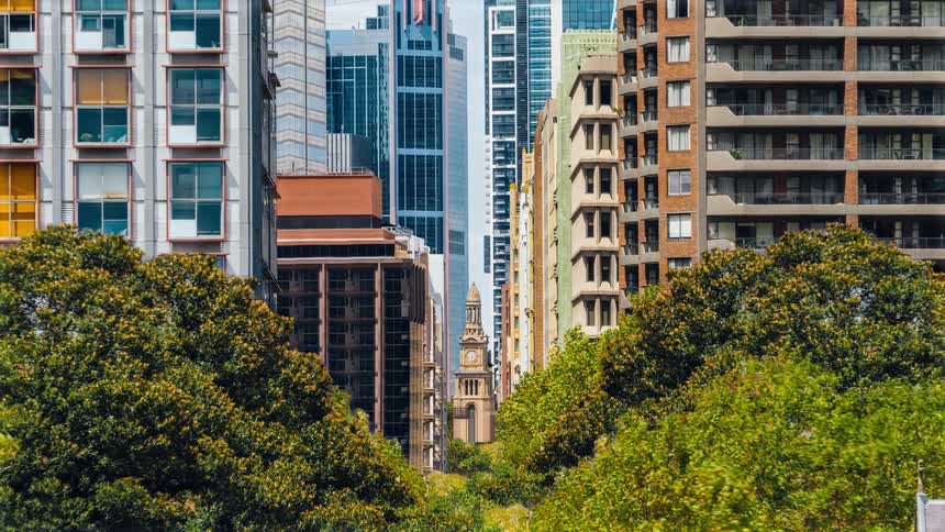 A view of downtown in the daytime surrounding with buildings