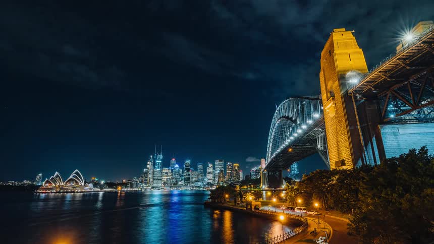 The coastline of a metropolis at night