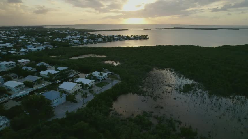Aerial view of houses near a coast is displayed at dusk