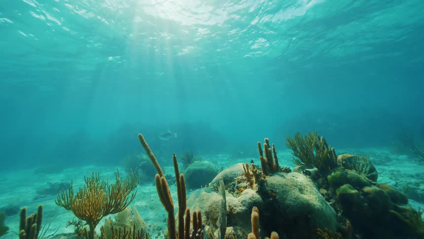 A view of coral in the ocean sea is displayed