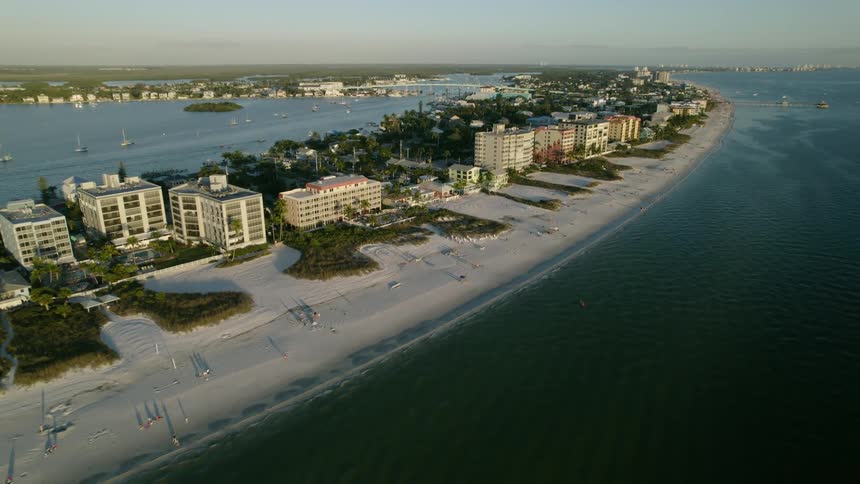 An aerial view of Fort Myers Beach hotels along the shore
