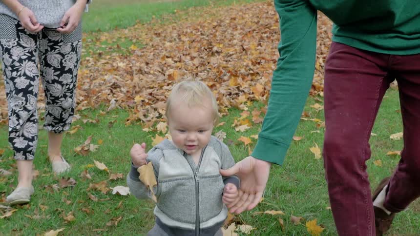 A couple lead a baby from a pile of leaves