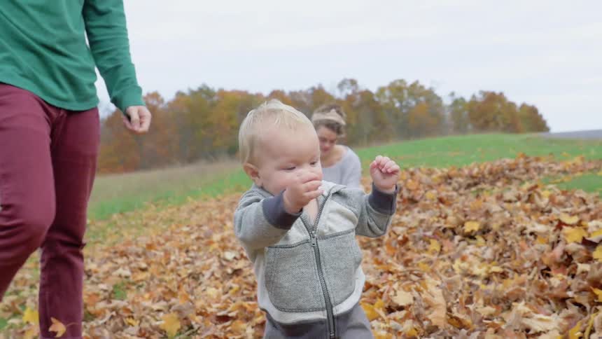 A baby and two people play in the leaves