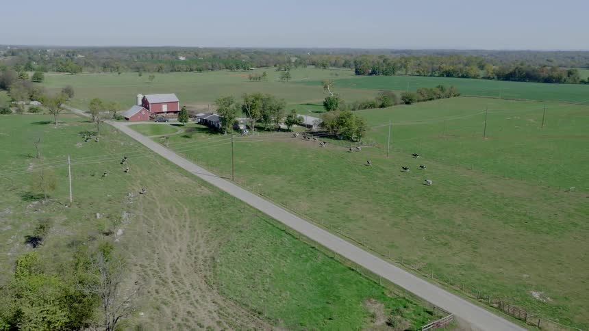 A farm with cows and a red barn is seen from the air