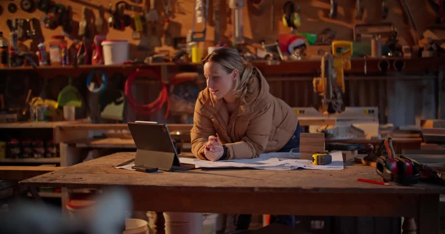 A woman is on a video call on a tablet as she leans on a table in a workshop