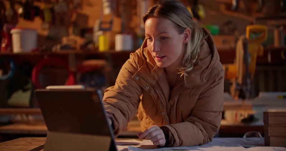 A woman is standing in a wood shop having a video conversation with someone on a laptop computer