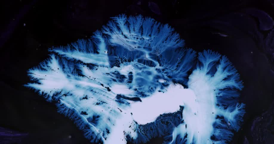 Bright white liquid ink flowing out in fractal shapes over a black background