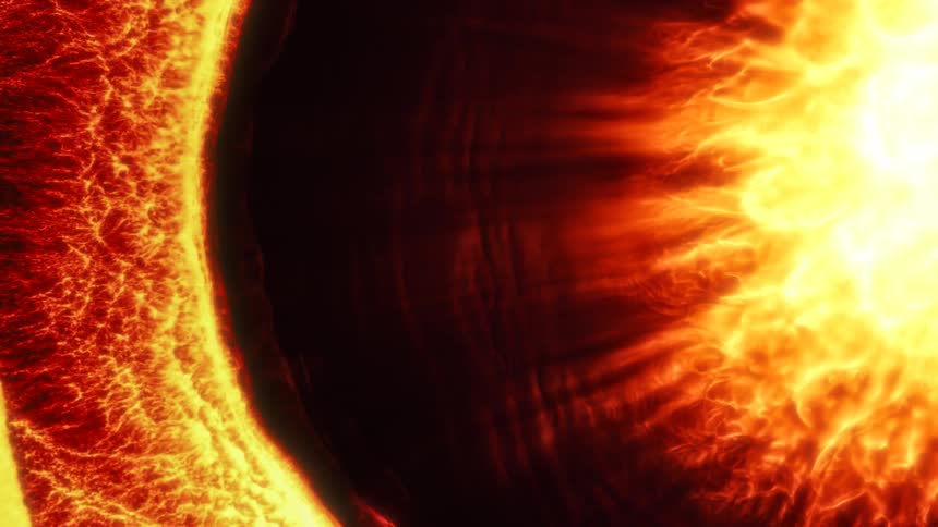 Wave of bright yellow and red flames moving away from a star shaped object