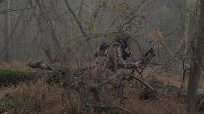 A man is holding a bow in the forest