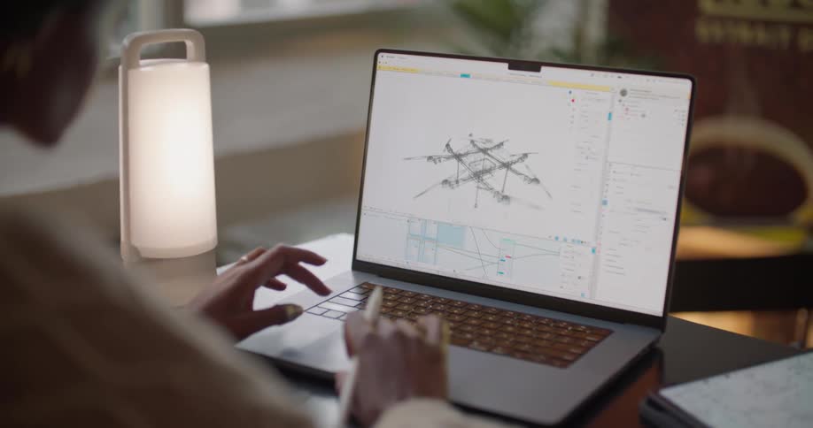 A woman is working with three dimensional images on a laptop computer