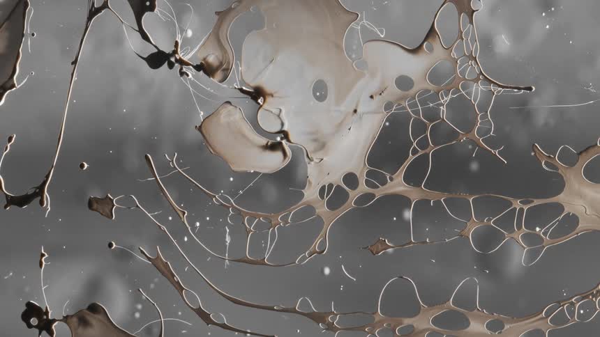 Blobs of tan floating in clear liquid expand then dissipate into thin webs
