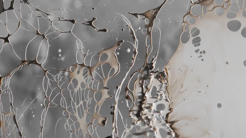 Dark liquid ink forming a film over a translucent surface and breaking