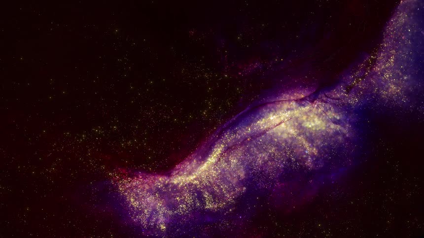 Stars are emerging from a living purple galaxy and growing as it moves across the darkness of space