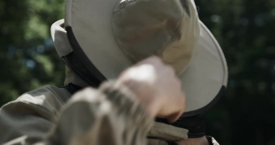 A beekeeper puts on his mask