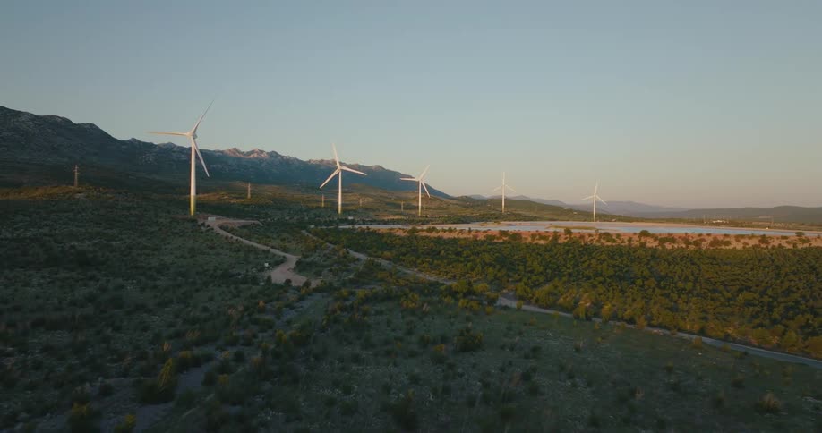 Aerial view of a rural landscape is displayed at dusk
