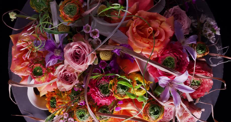 Close up view of a flower bouquet is displayed