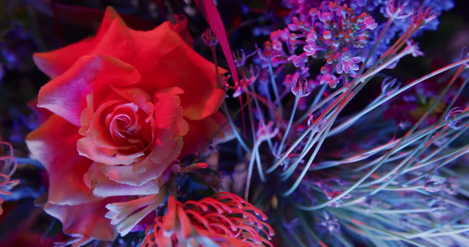 Close up view of a flower bouquet is displayed