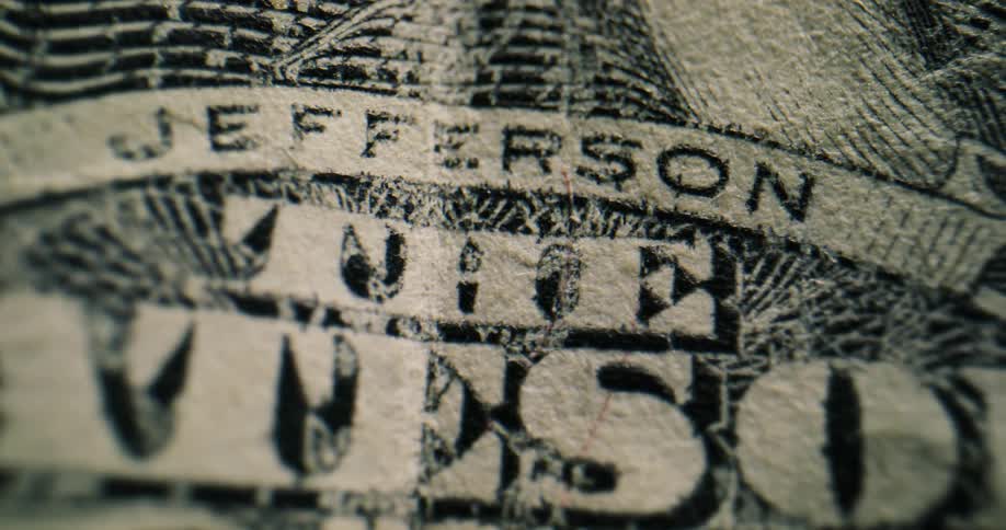 Extreme close up of the text on the surface of an united states of america dollar bank note
