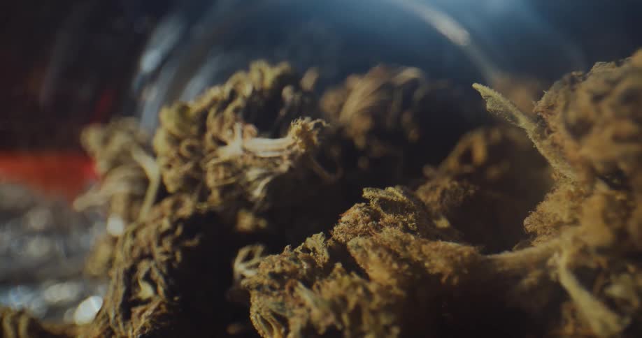 Marijuana buds with a lot of red hairs are sitting outside of an open jar lying on a table