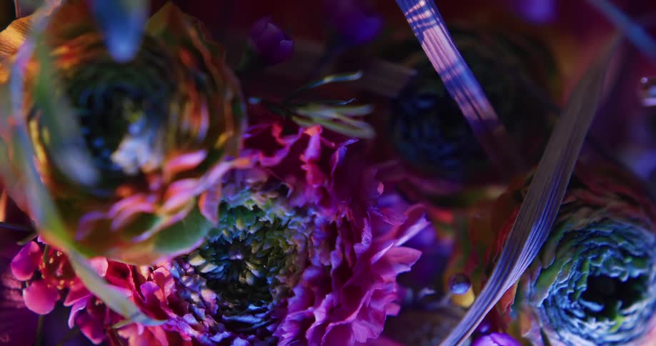 Close up view of a flower bouquet is displayed with decorations