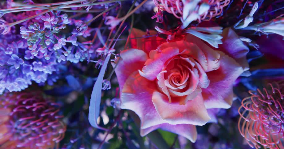 A bouquet has many exotic flowers and leaves surrounding a pink rose