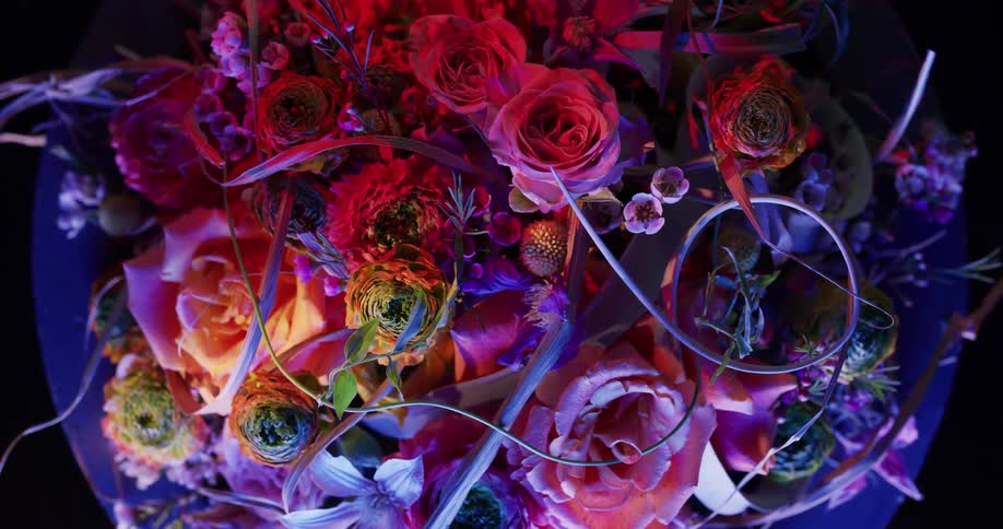 Overhead view of bright colorful rose bouquet wrapped in cellophane
