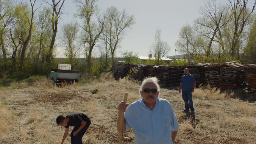 Family leisurely standing around a yard in the countryside
