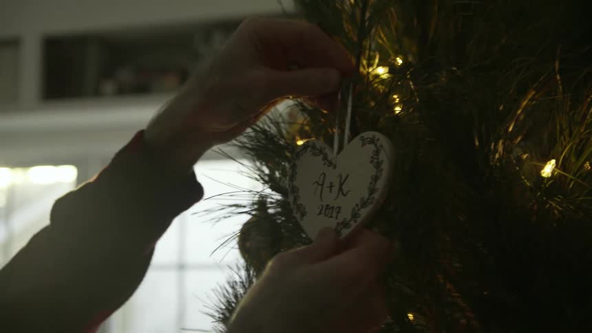 Someone is hanging an ornament from a christmas tree