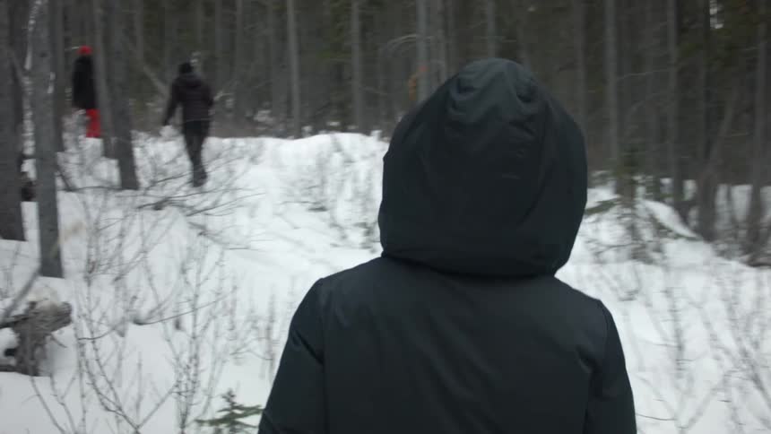 People walk through snowy woods