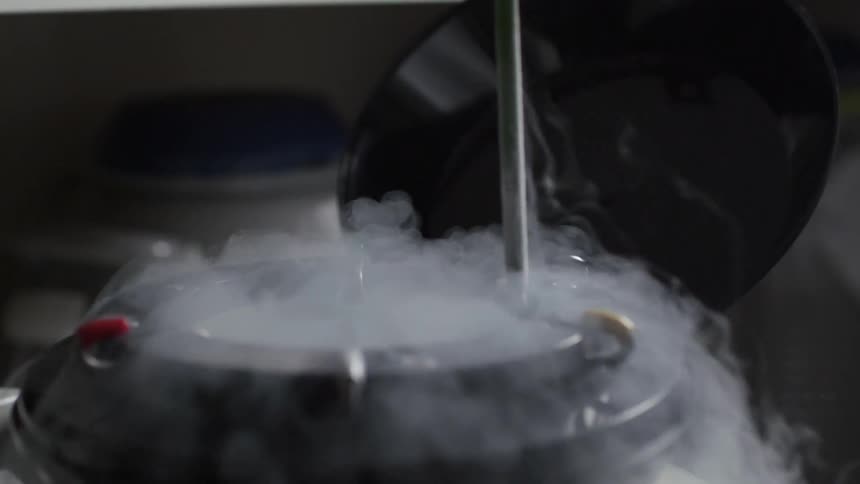 A small container is lowered into a cylinder with steam coming off it