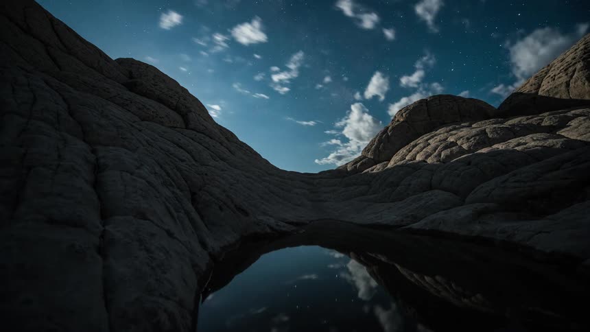 A time lapse of stars and clouds and the sun rising across a rock formation and water