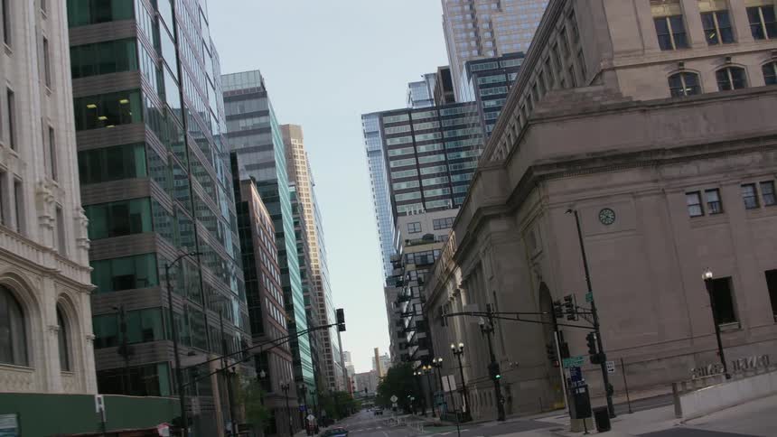 A tilting view of a deserted city street in downtown chicago