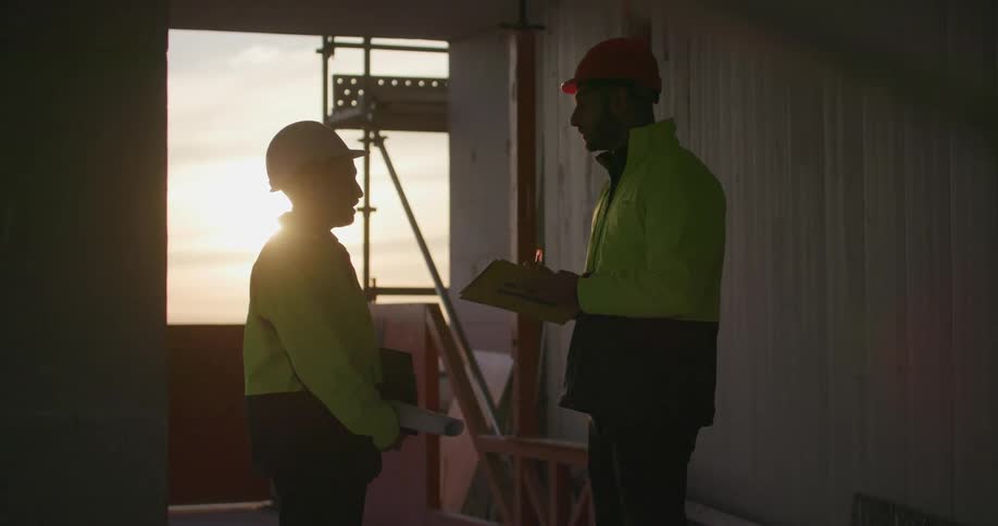 Two men talking in a construction site