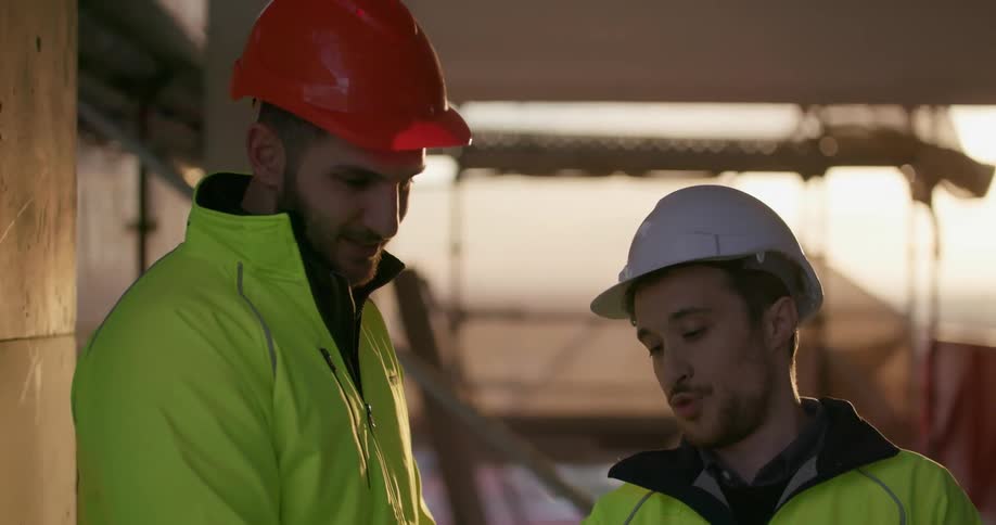 Two men in hard hats at a construction site are laughing while having a conversation