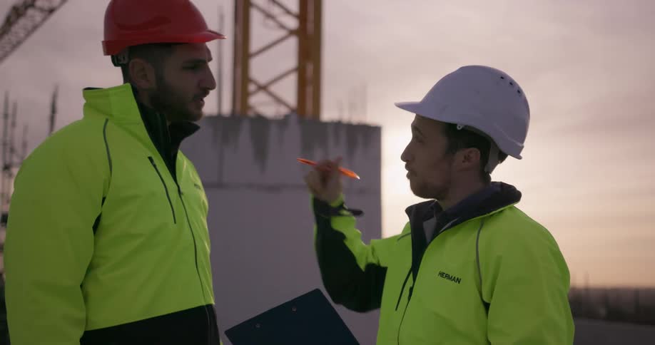 Two workers stand on a site talking