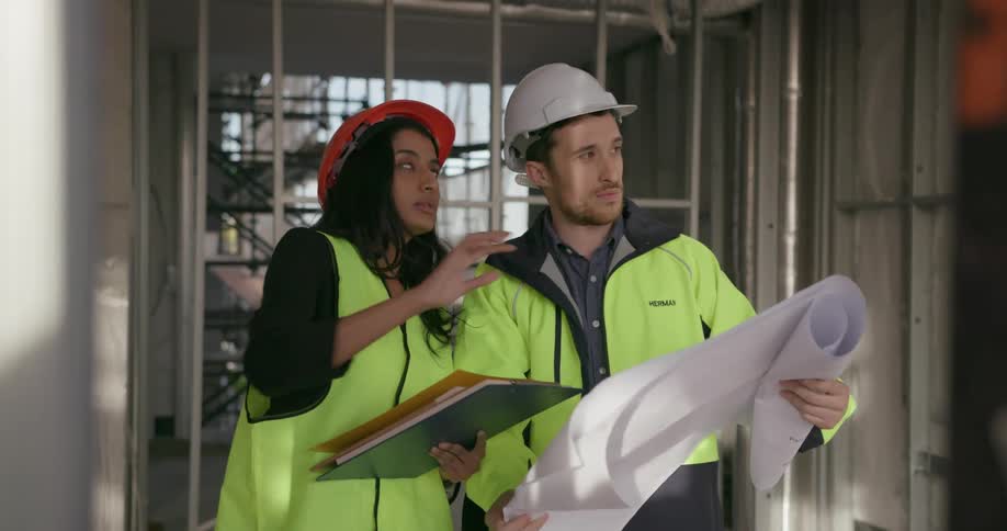Woman and man look at blueprints