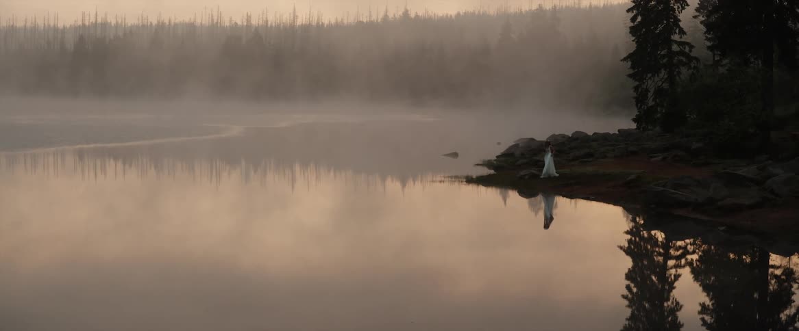 A woman in a flowing white dress stands at the edge of a lake