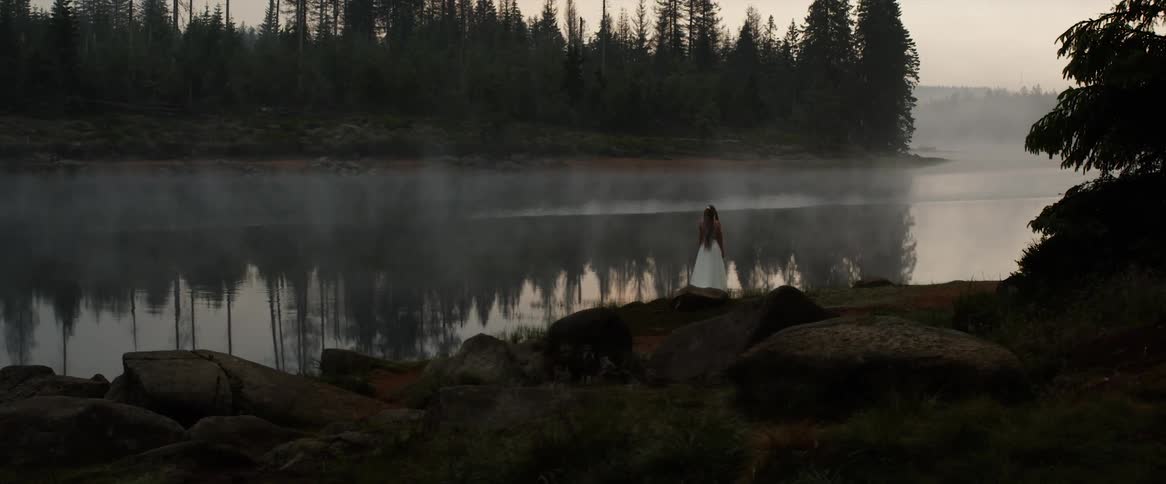 A woman wearing a long white dress is standing at the edge of a lake with a forest of trees on the other side and fog hanging over the water