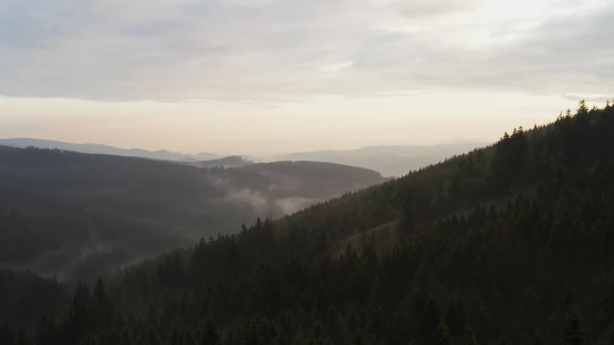 Fog rises from the valley between forested mountains and there are mountains in the distance under a cloudy hazy sky