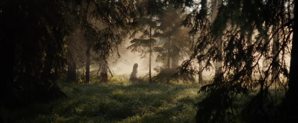 A woman leads her boyfriend by the hand as they run through the woods