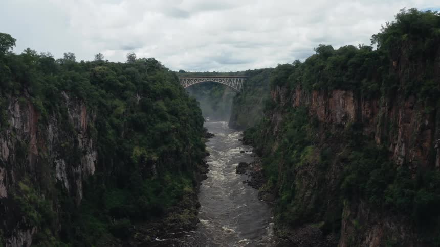 Aerial view of the Victoria Falls Bridge crossing the Zambezi River