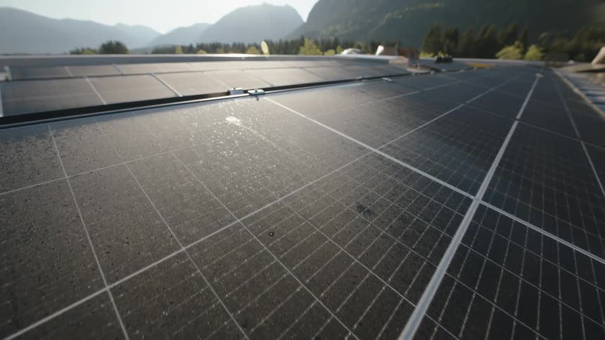 Solar panels shimmering in the sunlight near trees and mountains