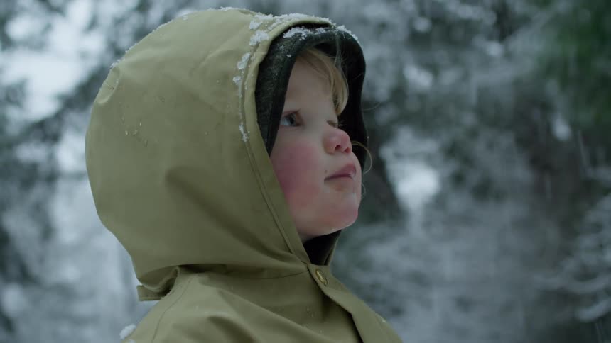 A child with his hood up smiles in the snow