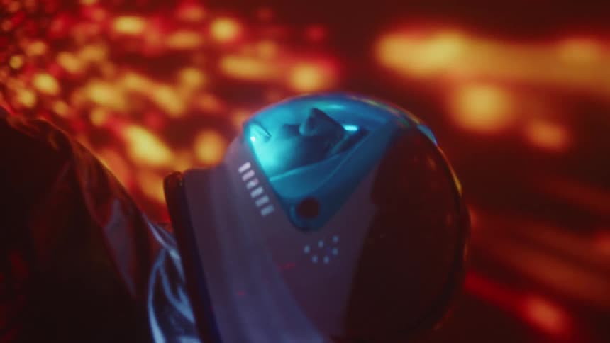An astronaut is moving in a bright solar like environment