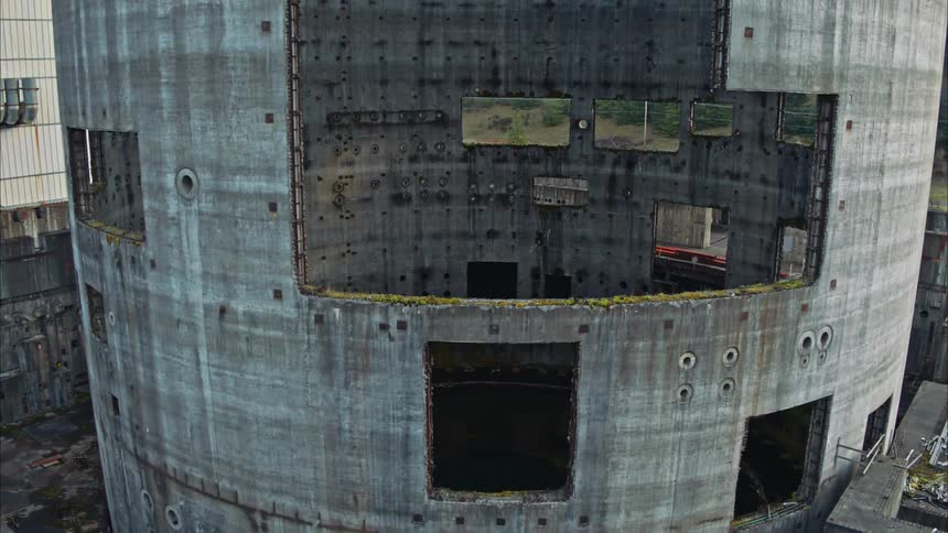 Aerial drone shot of an abandoned partially complete nuclear reactor core